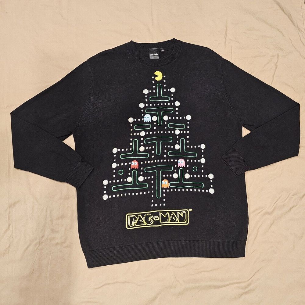 PAC-MAN  MENS Christmas Tree Sweatshirt Pullover‎ Black- Size Medium